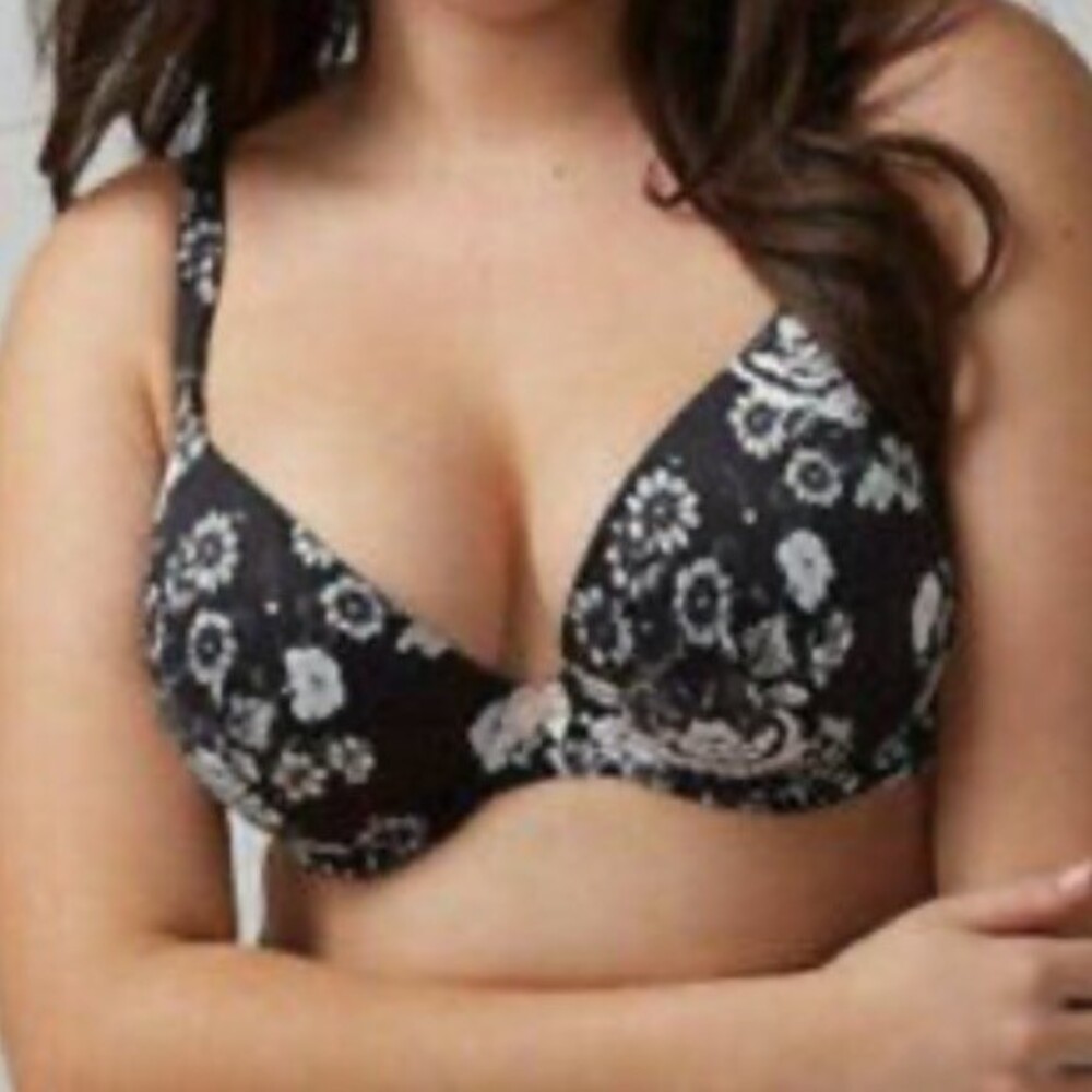 Cacique Black & White Floral Contour Intuition Plunge Underwire Bra‎ 42H